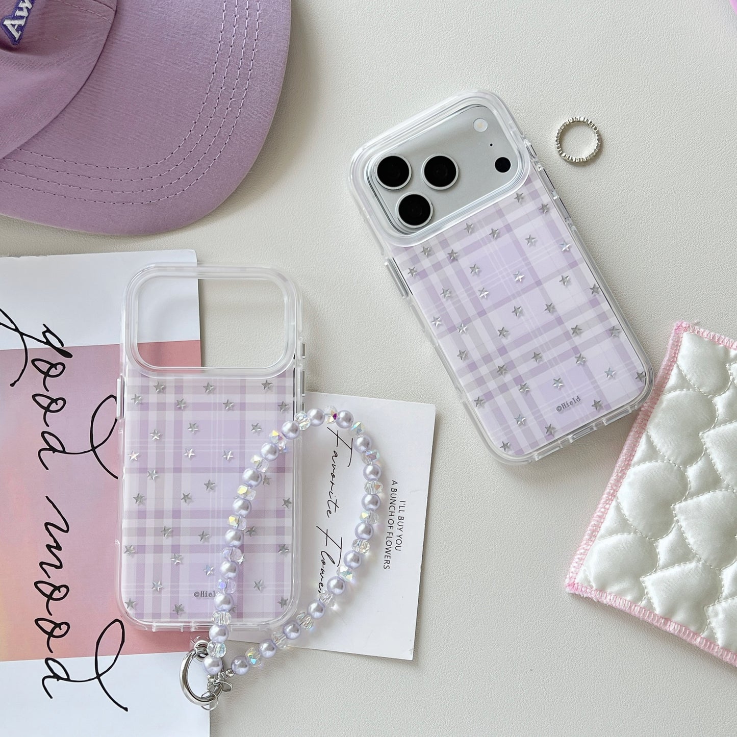 Purple Plaid Star iPhone Case with Pearl Chain
