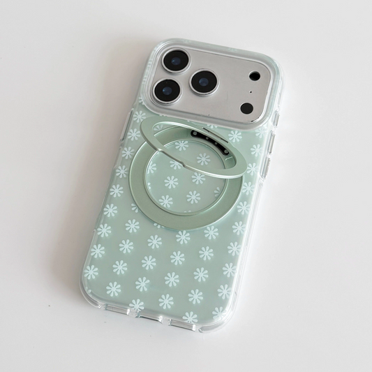 Light Green Floral MagSafe iPhone Case with 360° Rotating Stand