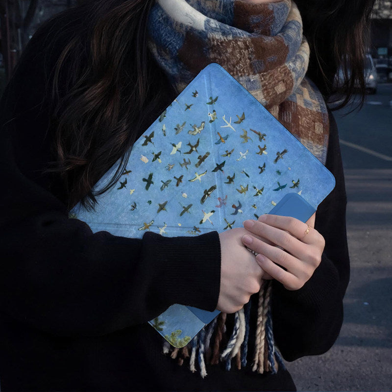 Blue Flock Birds Art Style Silicone iPad Case With Pencil Slot, Magnetic Double-Sided Holder, Shockproof 3-Y Folding Cover