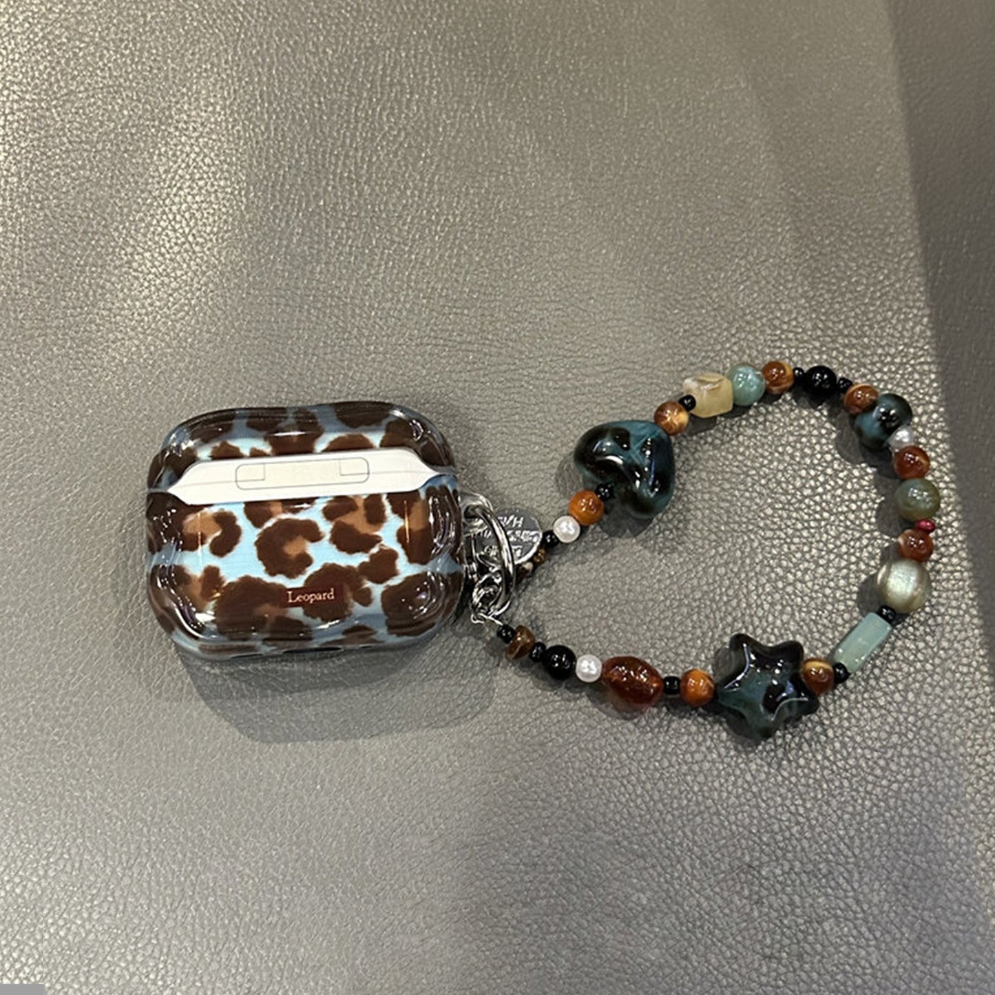 Vintage Blue‑Brown Leopard AirPods Case, Soft TPU Protective Cover with Beaded Pendant Option