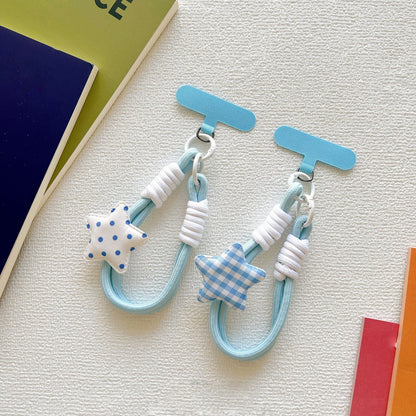 Blue Polka Dot & Gingham Star Wrist Strap, Cute Braided Phone Lanyard with T‑Shape Patch