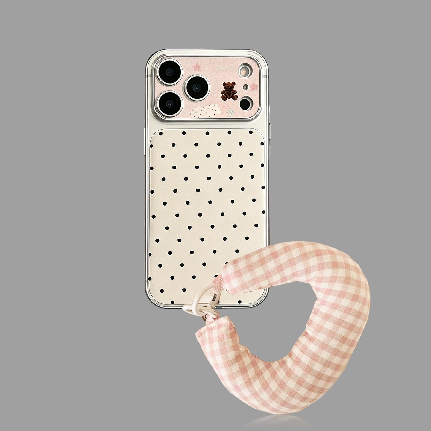 Minimal Faux Leather iPhone Case with Cute Bear Heart Lanyard