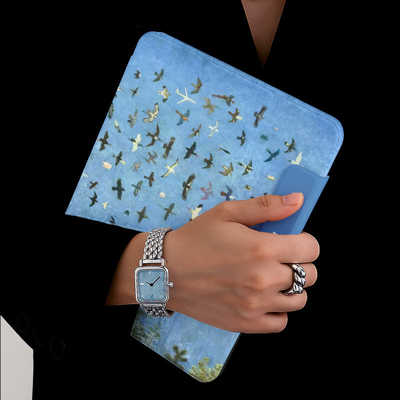 Blue Flock Birds Art Style Silicone iPad Case With Pencil Slot, Magnetic Double-Sided Holder, Shockproof 3-Y Folding Cover