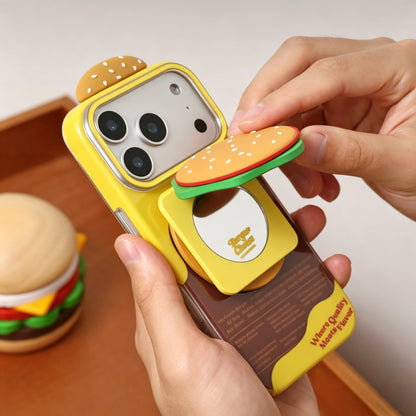 バーガー型MagSafe対応スマホホルダー、鏡付きフードテーマスタンド