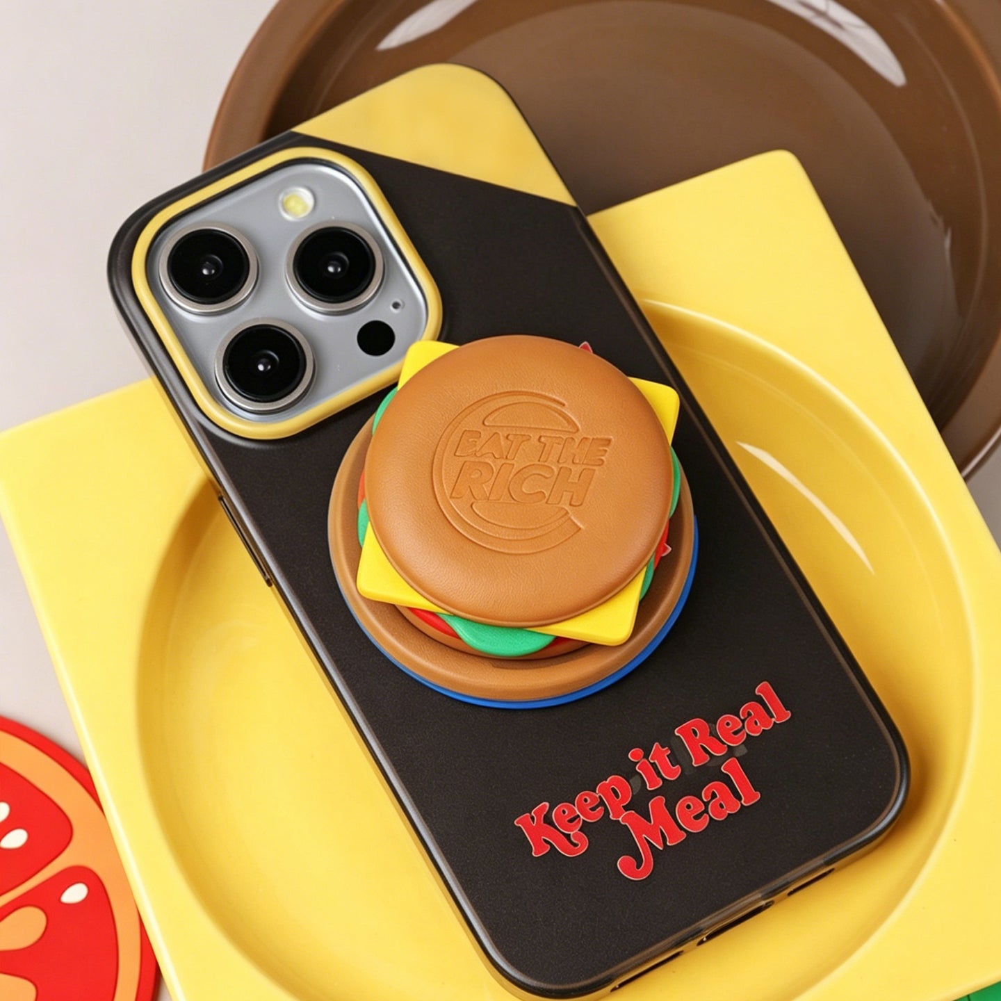 バーガー型レザーマグネット携帯ホルダー、スタイリッシュなオリジナル伸縮式マグネット携帯スタンド