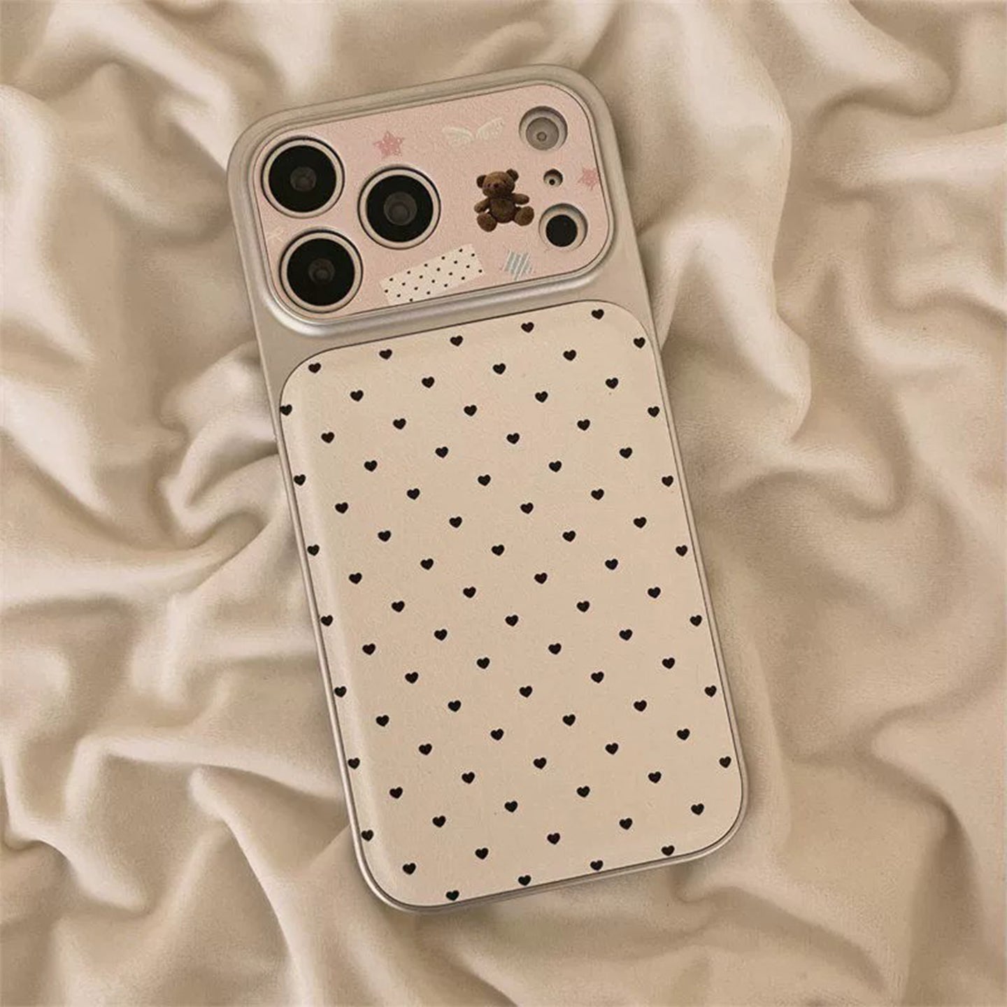 Minimal Faux Leather iPhone Case with Cute Bear Heart Lanyard