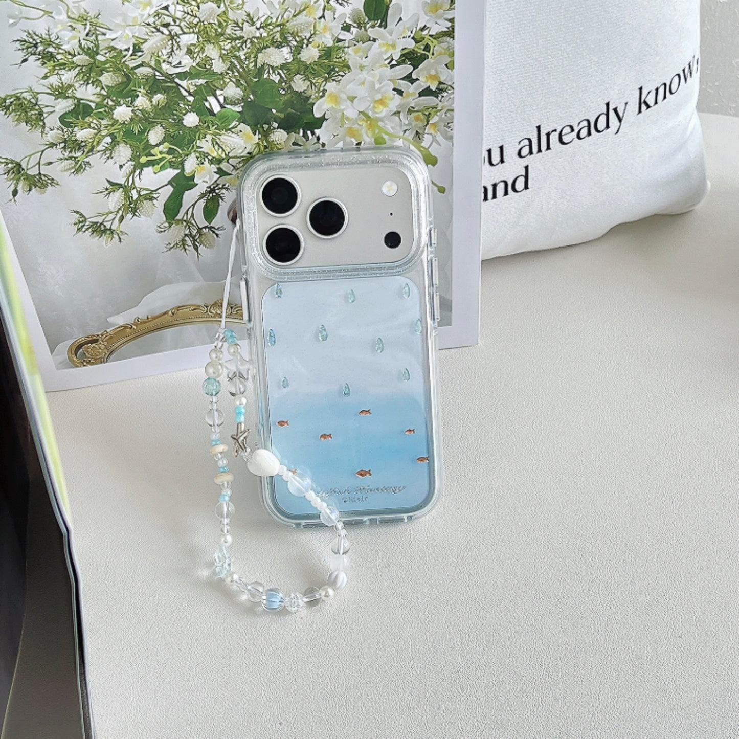 Ocean Fish & Water Drop Print iPhone Case with Starfish Bead Chain