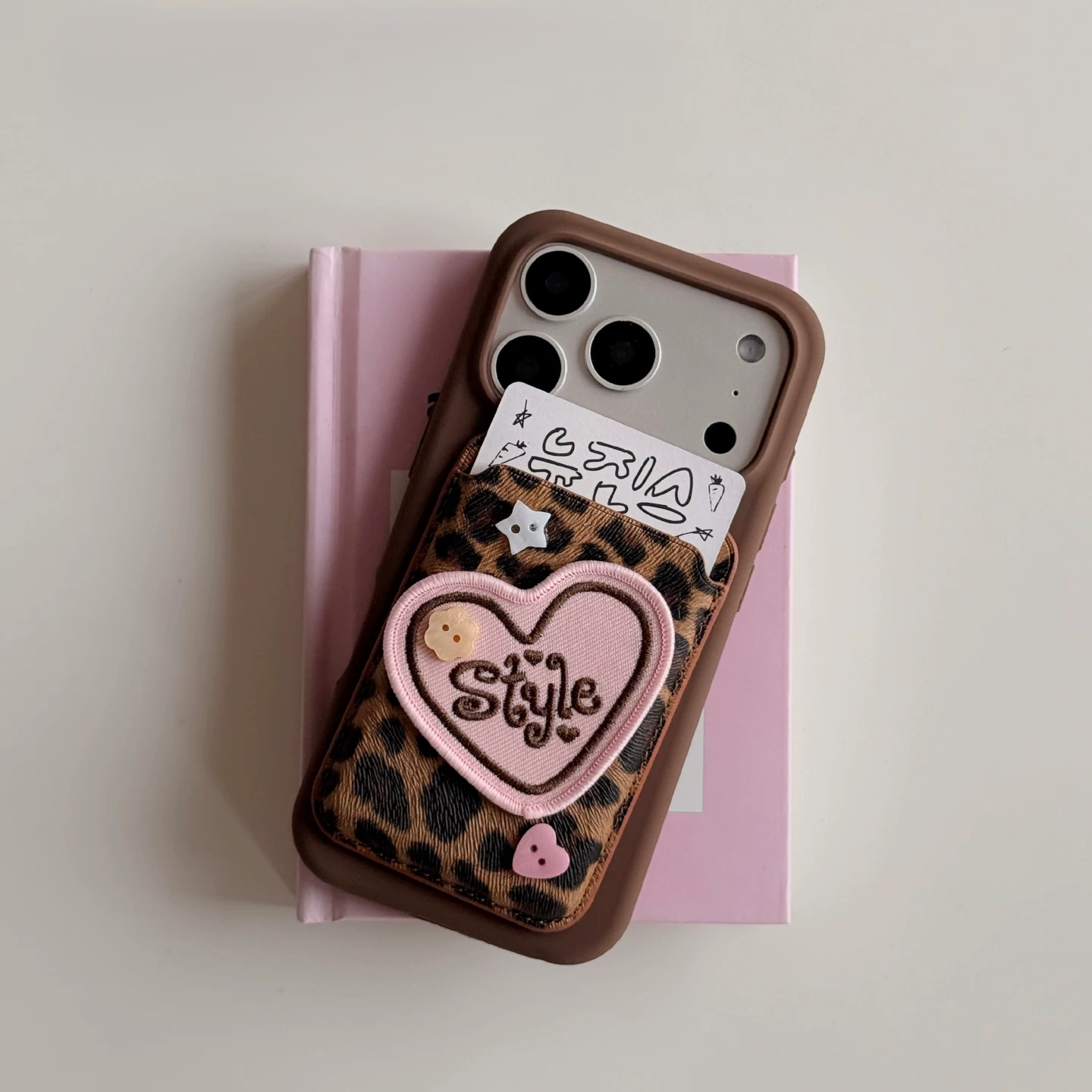 Cute Leopard Print Magsafe Card Case with Embroidered Heart Patch