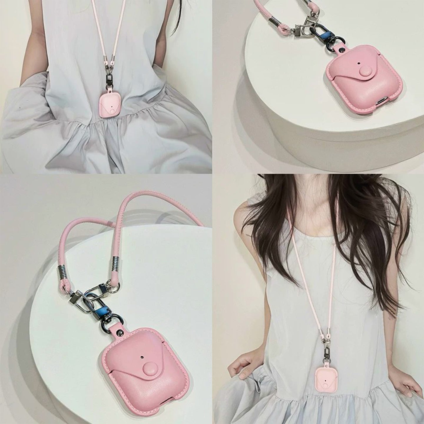Vintage Pink Leather AirPods Case with Lanyard