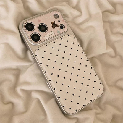 Minimal Faux Leather iPhone Case with Cute Bear Heart Lanyard
