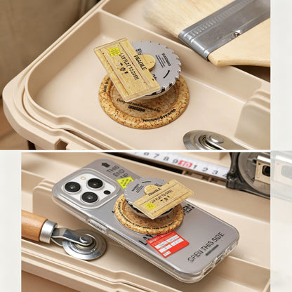 丸鋸刃型MagSafeスマホホルダー、工業系木工デザインスタンド