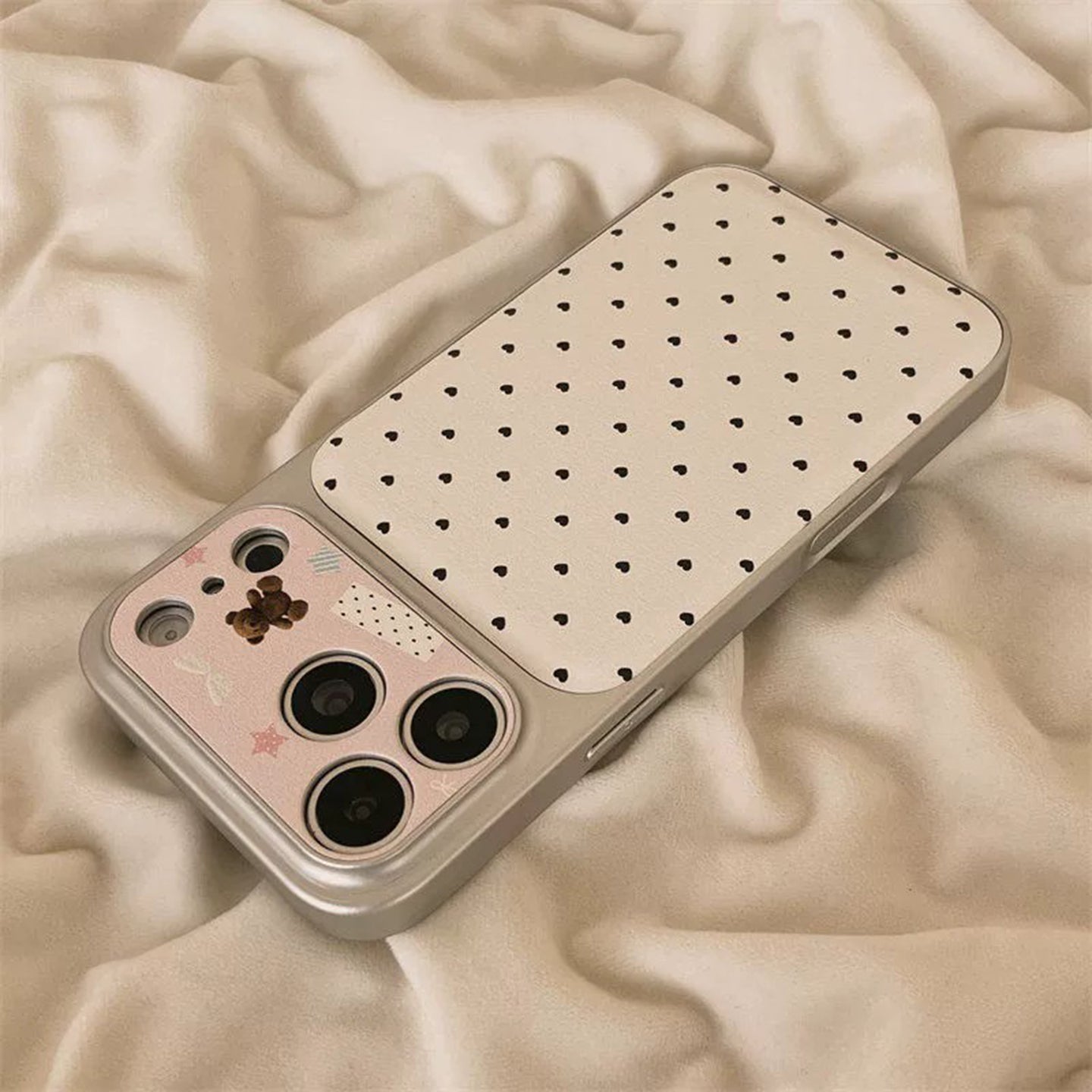 Minimal Faux Leather iPhone Case with Cute Bear Heart Lanyard