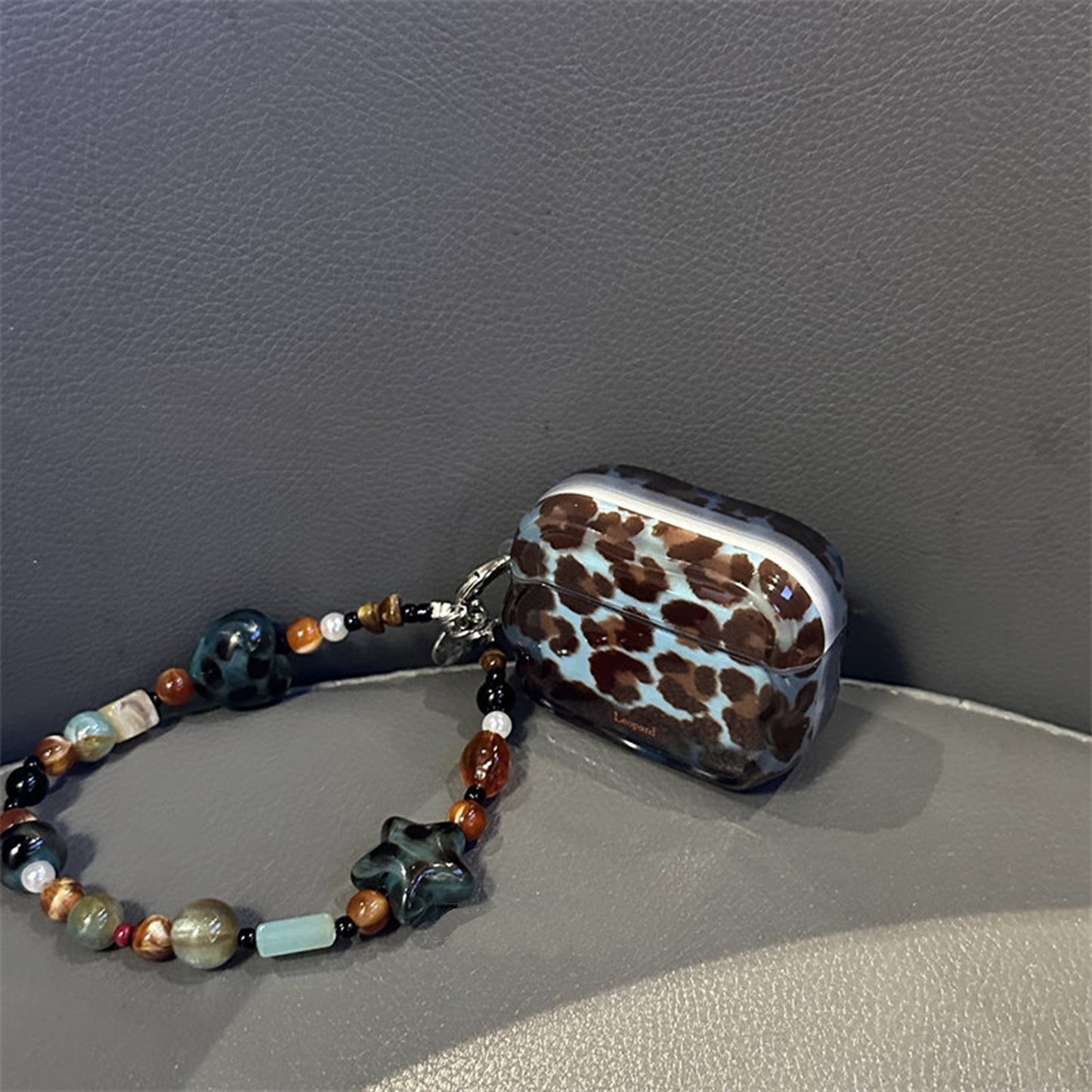 Vintage Blue‑Brown Leopard AirPods Case, Soft TPU Protective Cover with Beaded Pendant Option