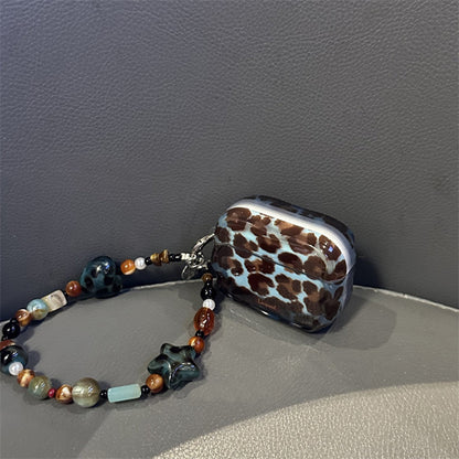 Vintage Blue‑Brown Leopard AirPods Case, Soft TPU Protective Cover with Beaded Pendant Option