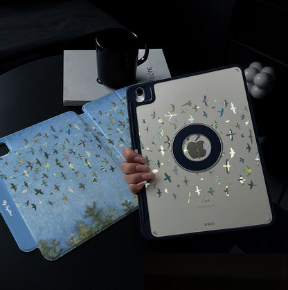 Blue Flock Birds Art Style Silicone iPad Case With Pencil Slot, Magnetic Double-Sided Holder, Shockproof 3-Y Folding Cover