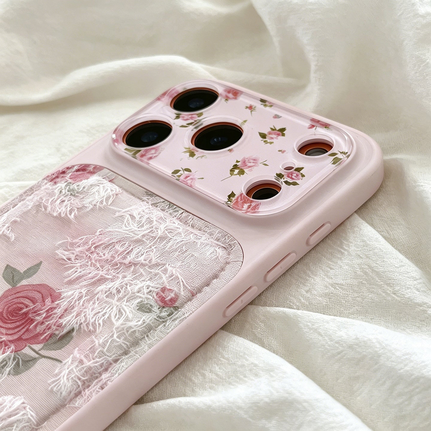 Pink Rose Lace Fringe iPhone Case, Vintage Floral Leather‑Texture Protective Cover