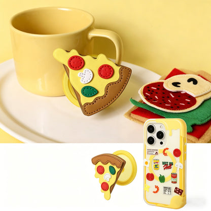 3Dピザスライス MagSafeスマホホルダー、フェイクレザーデザインの食べ物モチーフスタンド