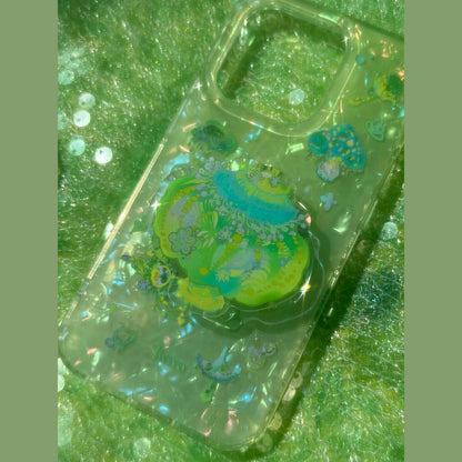 Green Iridescent Shell‑Texture Mushroom iPhone Case, Fresh Nature‑Style Protective Cover