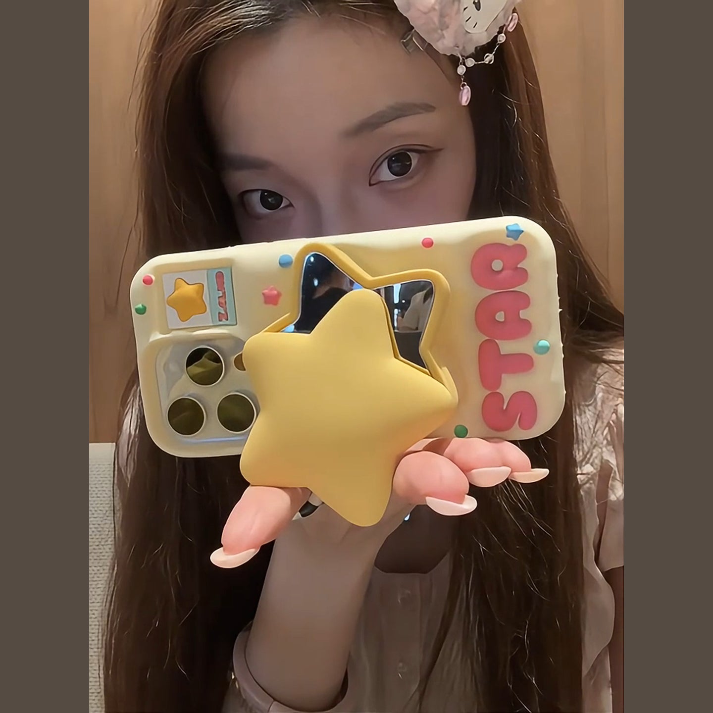 3D Star Mirror & Stand iPhone Case in Cream Yellow