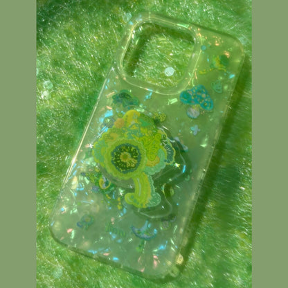 Green Iridescent Shell‑Texture Mushroom iPhone Case, Fresh Nature‑Style Protective Cover