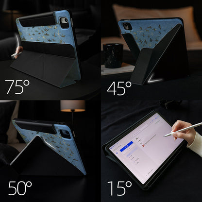 Blue Flock Birds Art Style Silicone iPad Case With Pencil Slot, Magnetic Double-Sided Holder, Shockproof 3-Y Folding Cover