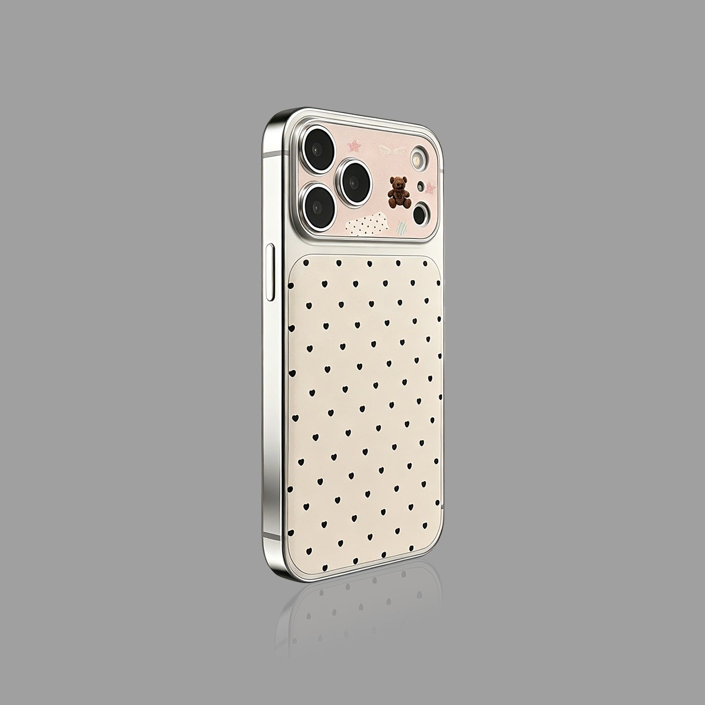 Minimal Faux Leather iPhone Case with Cute Bear Heart Lanyard