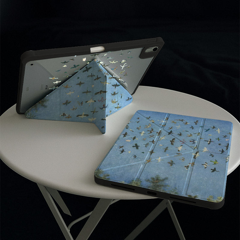 Blue Flock Birds Art Style Silicone iPad Case With Pencil Slot, Magnetic Double-Sided Holder, Shockproof 3-Y Folding Cover