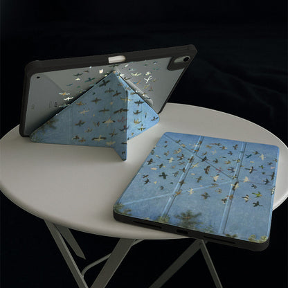 Blue Flock Birds Art Style Silicone iPad Case With Pencil Slot, Magnetic Double-Sided Holder, Shockproof 3-Y Folding Cover