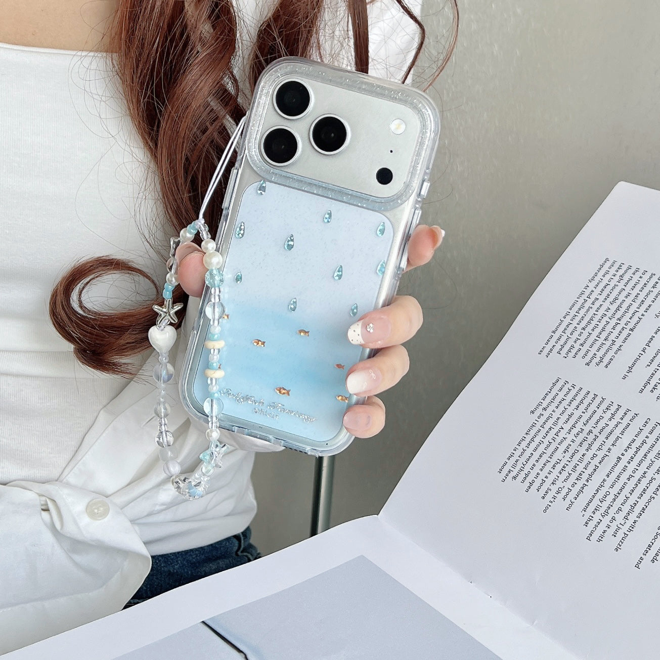 Ocean Fish & Water Drop Print iPhone Case with Starfish Bead Chain
