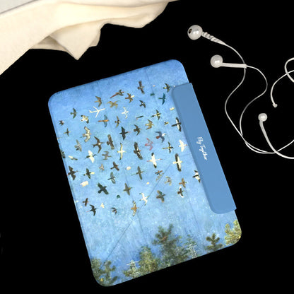 Blue Flock Birds Art Style Silicone iPad Case With Pencil Slot, Magnetic Double-Sided Holder, Shockproof 3-Y Folding Cover