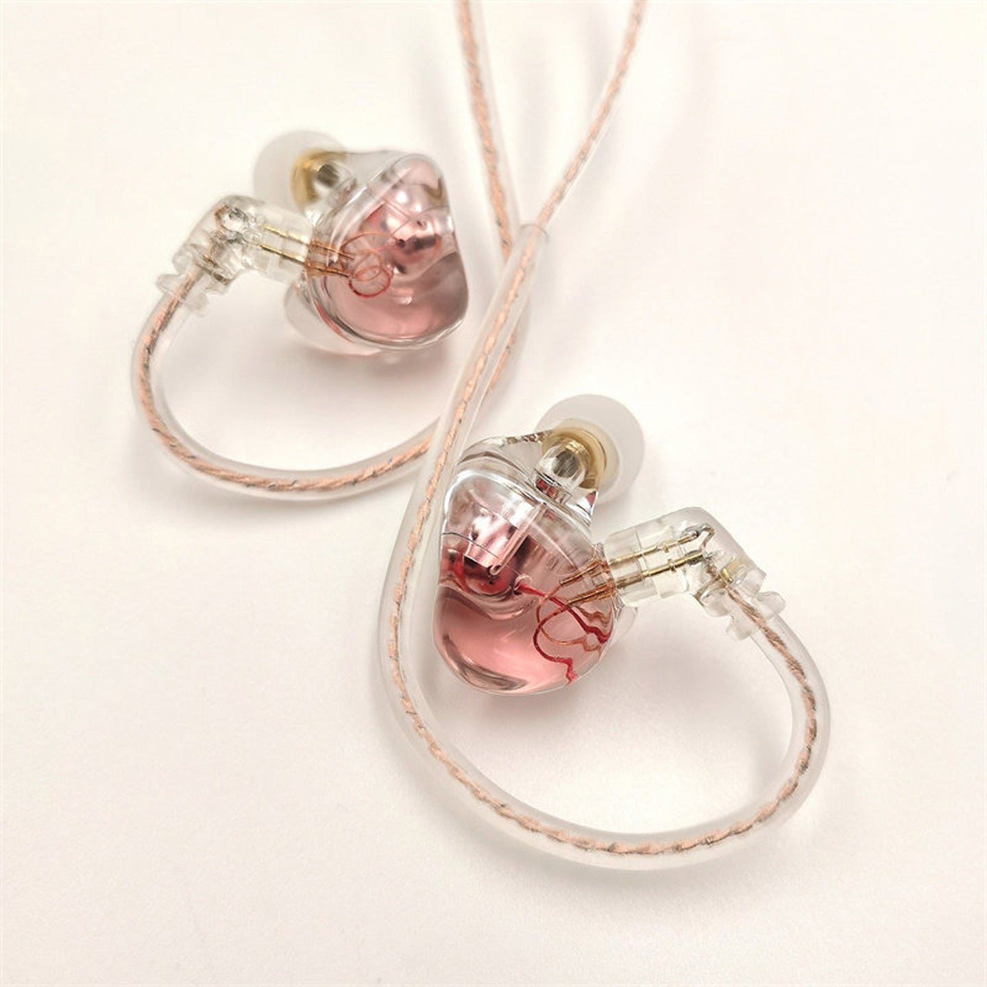 Cherry Pink Clear Shell Wired IEM Earphones with Mic, Optional Lightning / Type-C / USB Audio Adapters for iPhone Android PC Gaming Streaming