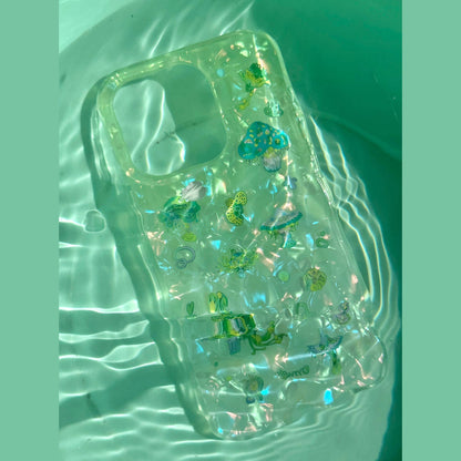 Green Iridescent Shell‑Texture Mushroom iPhone Case, Fresh Nature‑Style Protective Cover