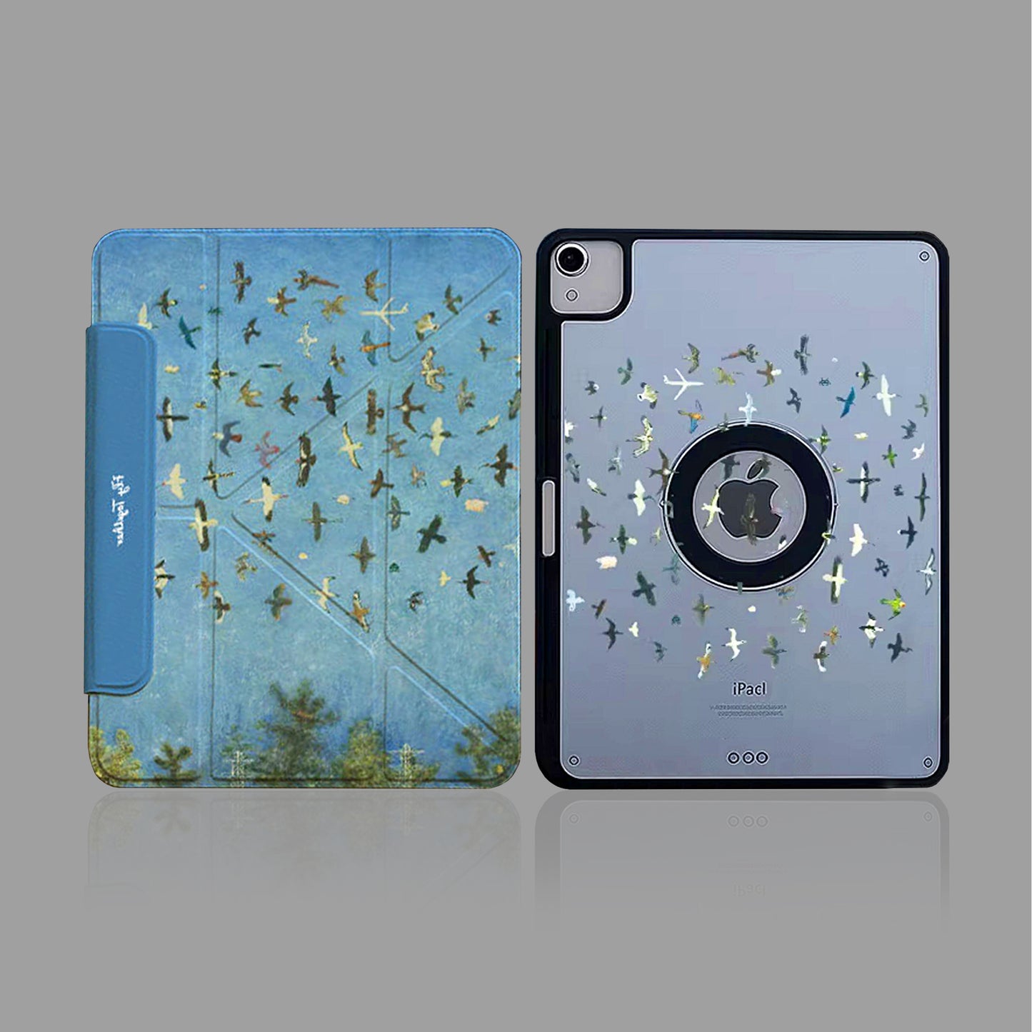 Blue Flock Birds Art Style Silicone iPad Case With Pencil Slot, Magnetic Double-Sided Holder, Shockproof 3-Y Folding Cover