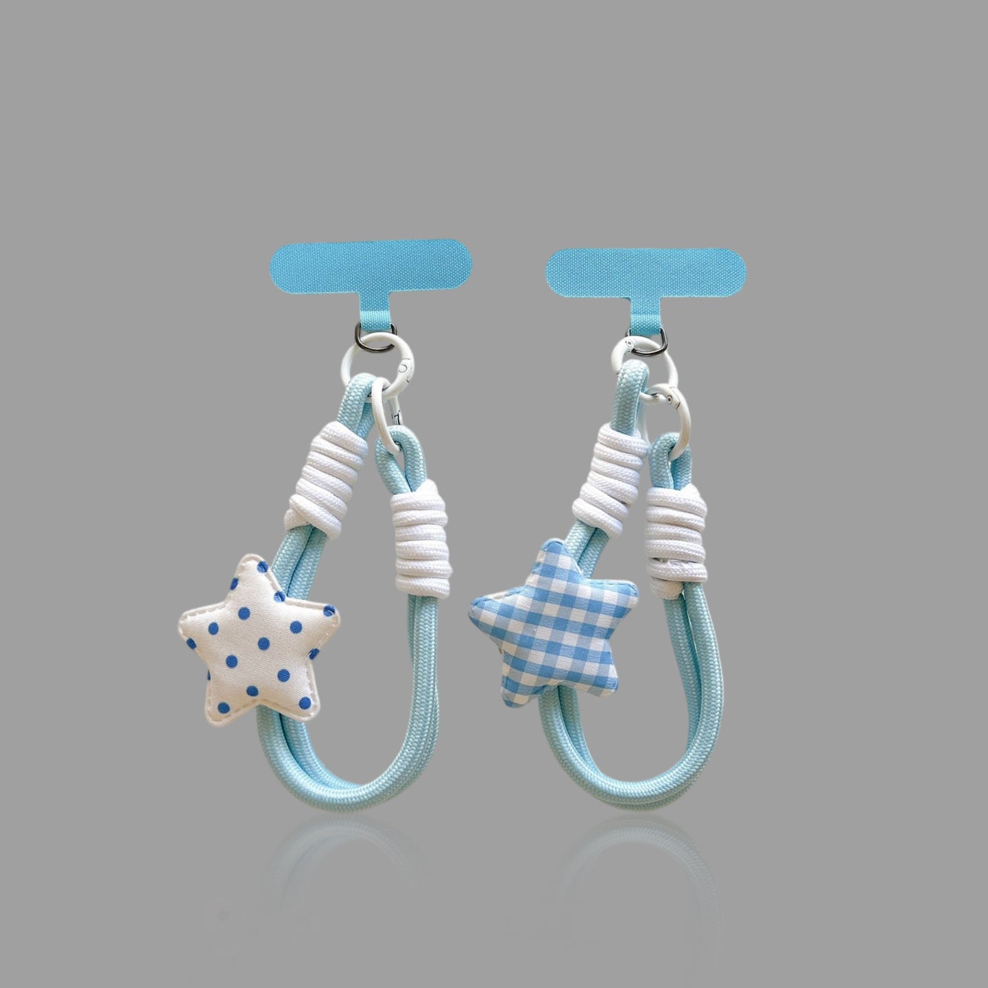 Blue Polka Dot & Gingham Star Wrist Strap, Cute Braided Phone Lanyard with T‑Shape Patch