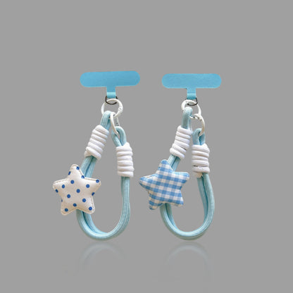Blue Polka Dot & Gingham Star Wrist Strap, Cute Braided Phone Lanyard with T‑Shape Patch