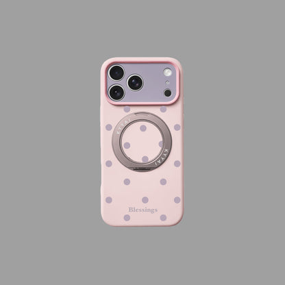 360도 회전 스탠드가 있는 물방울무늬 액상 실리콘 아이폰 케이스