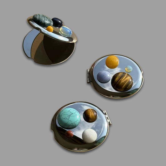 Portable Makeup Mirror, Natural Gemstone Inlay Stainless Steel Double-Sided Foldable Pocket Mirror