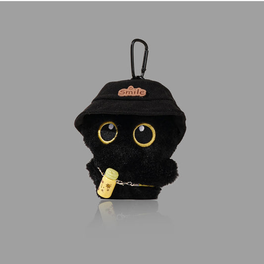Cute Hat Wearing Black Cat Plush Keychain, Mini Bag Charm Pendant