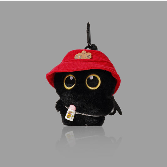 Cute Hat Wearing Black Cat Plush Keychain, Mini Bag Charm Pendant