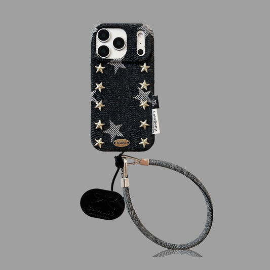 Denim Star Phone Case – Rivet Star Design with Wrist Strap