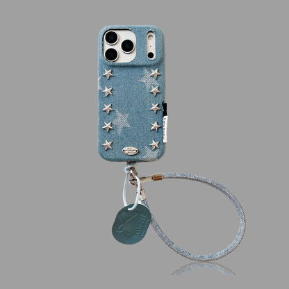 Denim Star Phone Case – Rivet Star Design with Wrist Strap