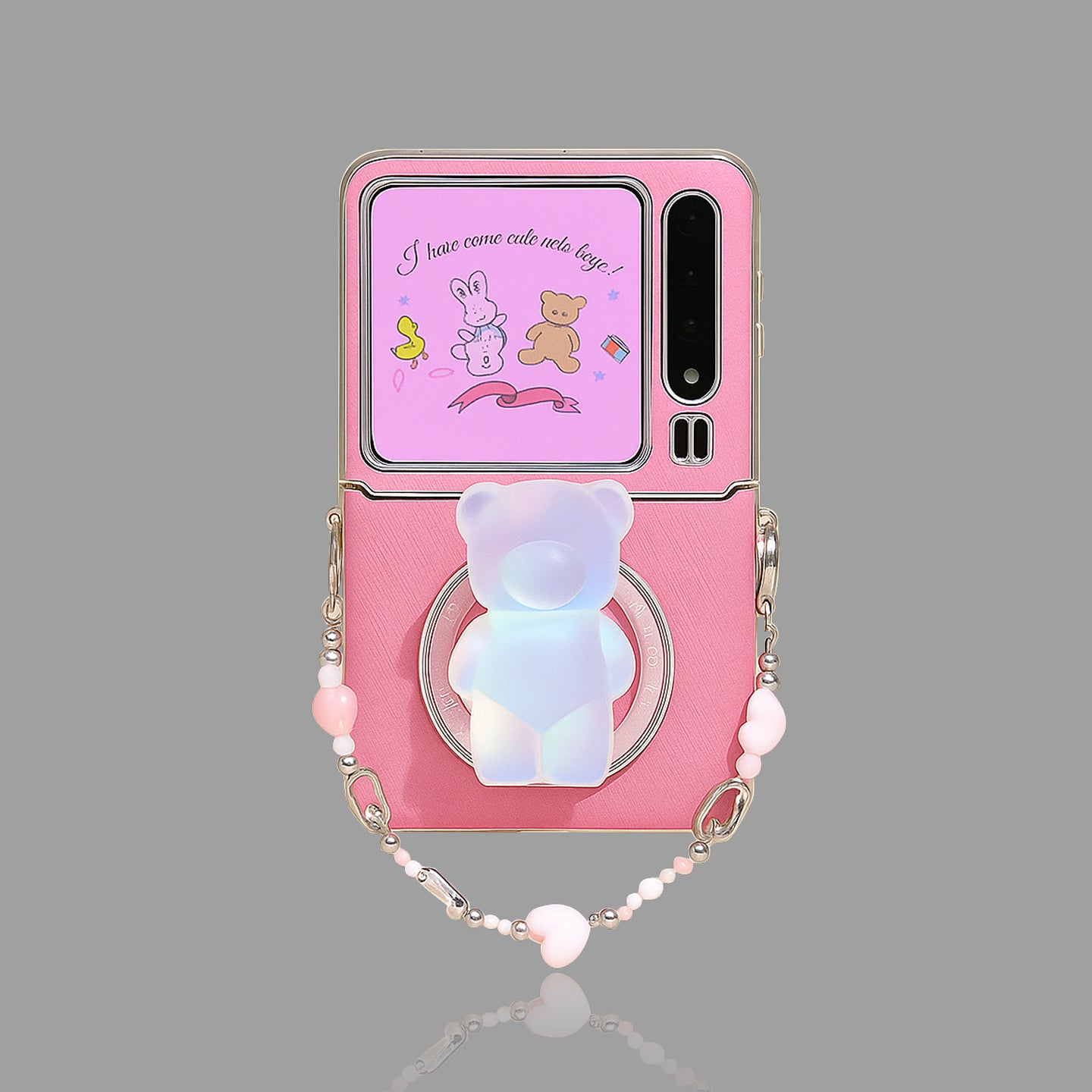 Galaxy Z Flip用 ピンクレザーテクスチャ ジェルベア マグネットスタンドケース ハートチェーン付き