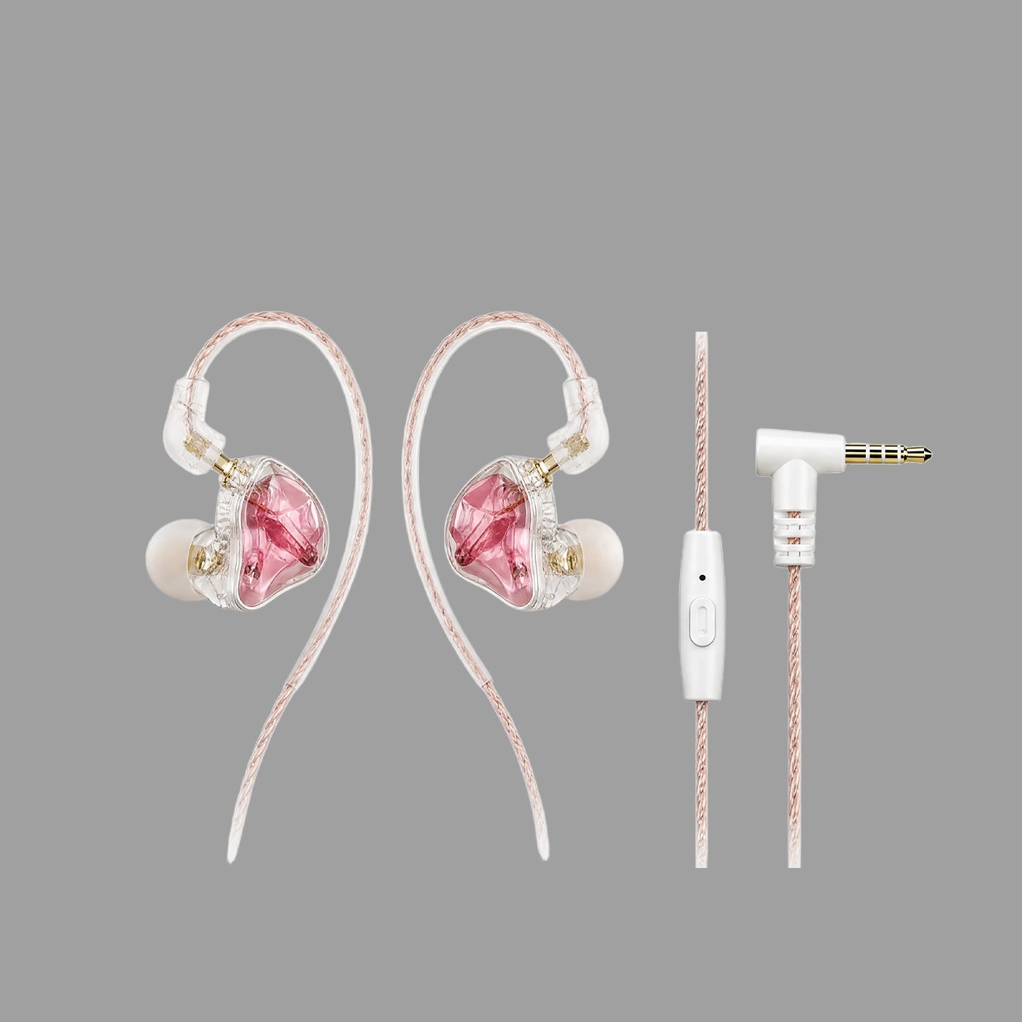 Cherry Pink Clear Shell Wired IEM Earphones with Mic, Optional Lightning / Type-C / USB Audio Adapters for iPhone Android PC Gaming Streaming