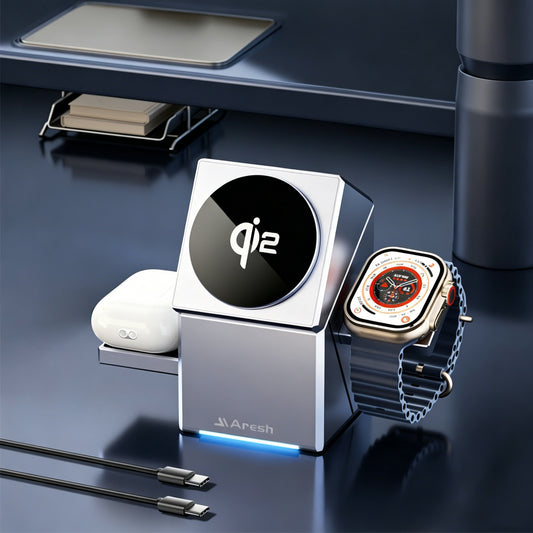 3-in-1 Electric Touch Rotating Magnetic Wireless Charger, Cube Charging Station for iPhone, Apple Watch & AirPods
