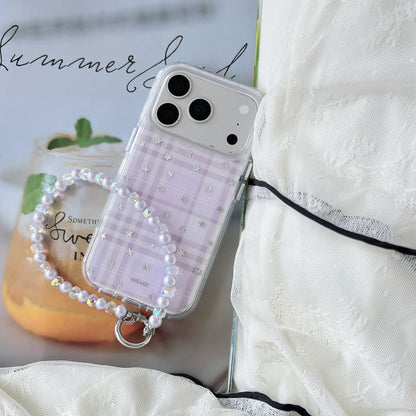 Purple Plaid Star iPhone Case with Pearl Chain