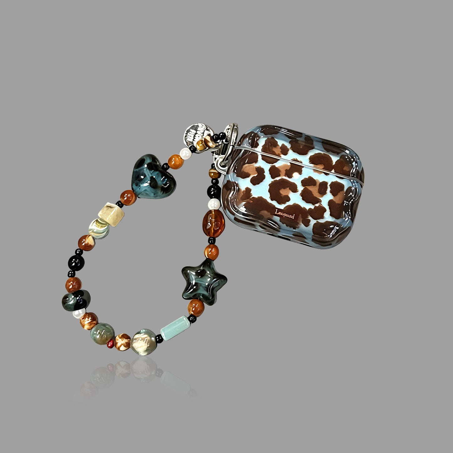 Vintage Blue‑Brown Leopard AirPods Case, Soft TPU Protective Cover with Beaded Pendant Option