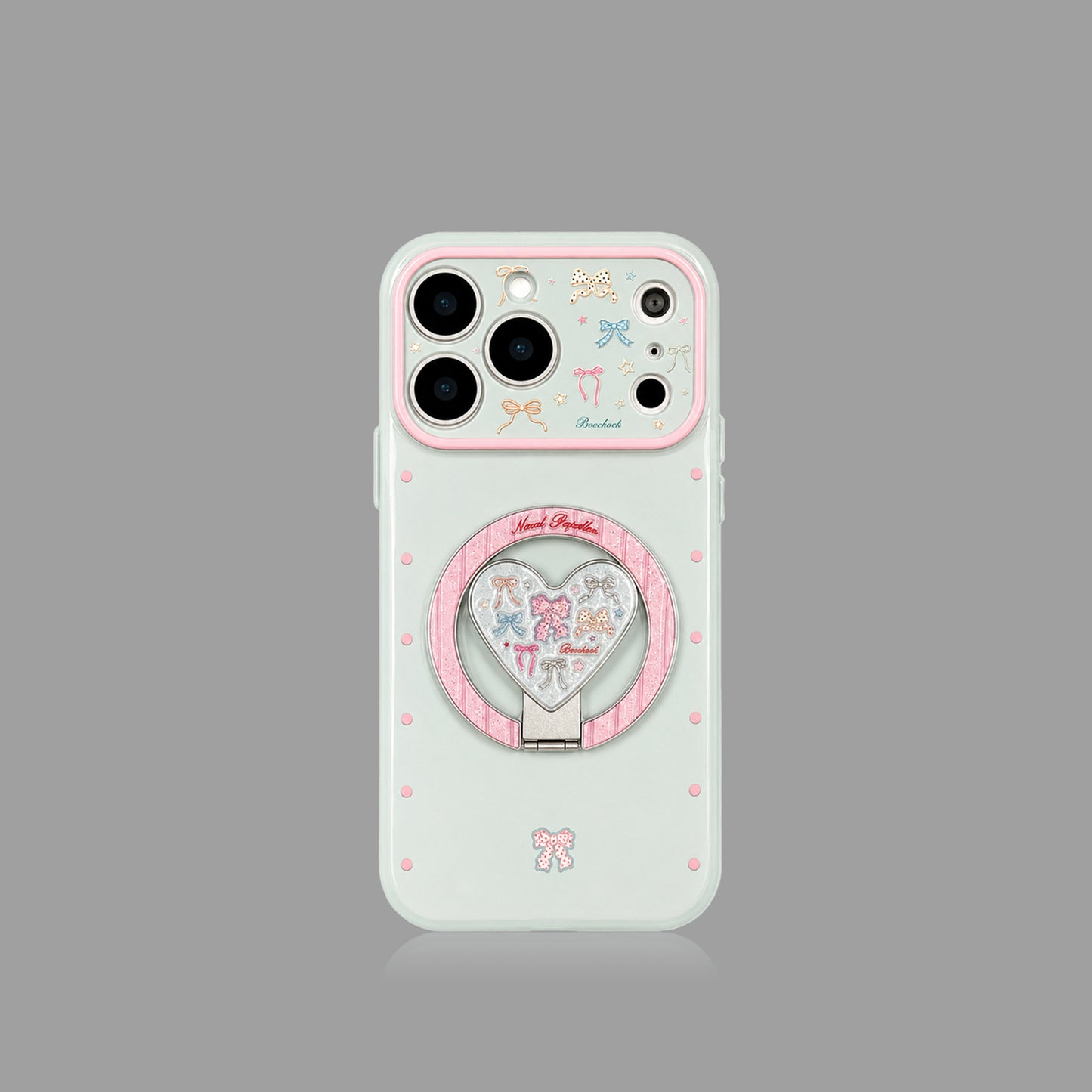 Ice Blue Polka Dot & Bow MagSafe iPhone Case with Heart Stand