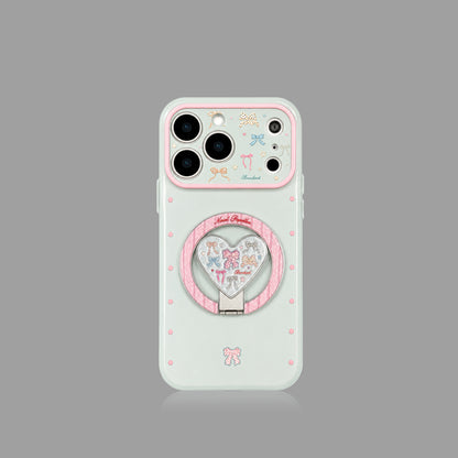 Ice Blue Polka Dot & Bow MagSafe iPhone Case with Heart Stand