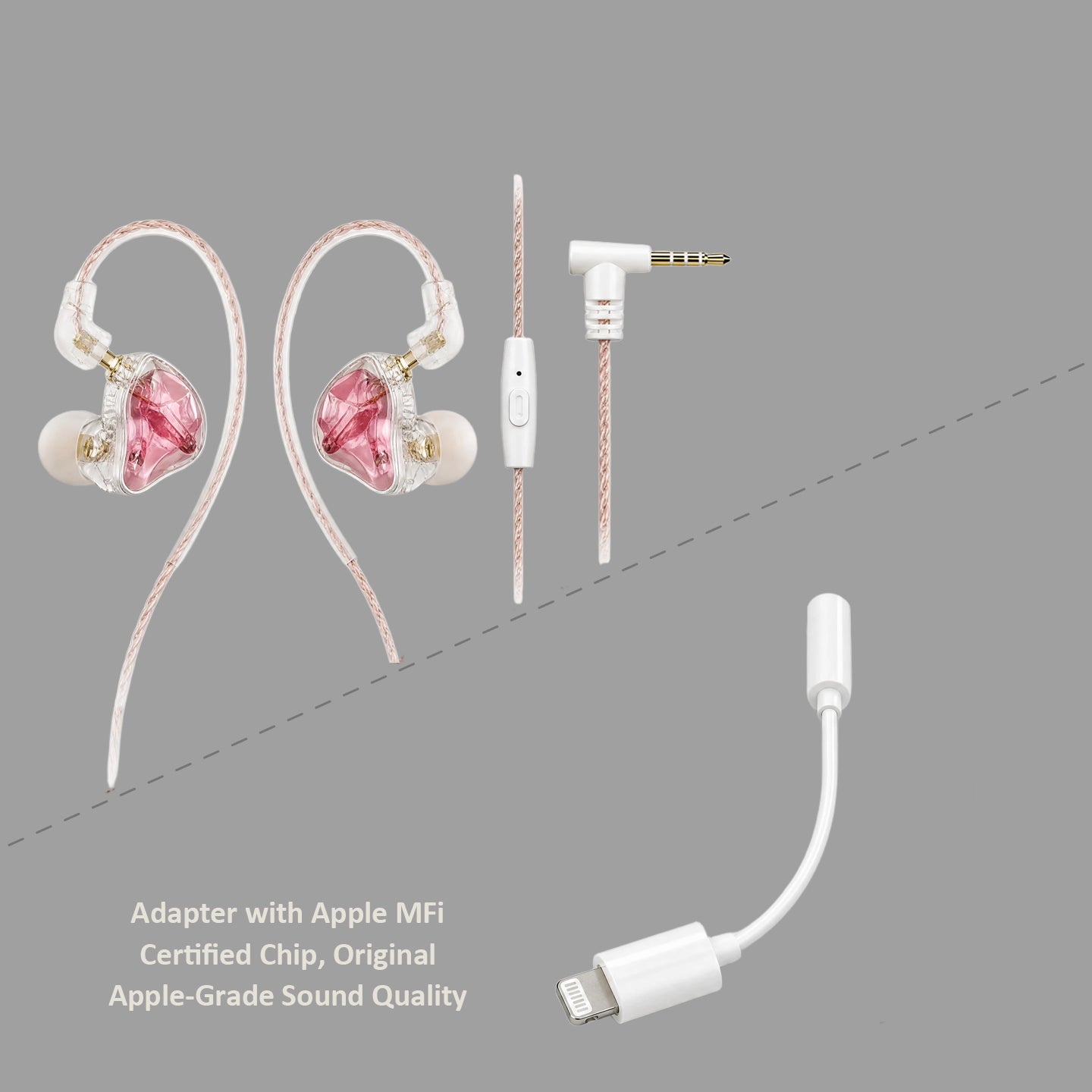 Cherry Pink Clear Shell Wired IEM Earphones with Mic, Optional Lightning / Type-C / USB Audio Adapters for iPhone Android PC Gaming Streaming