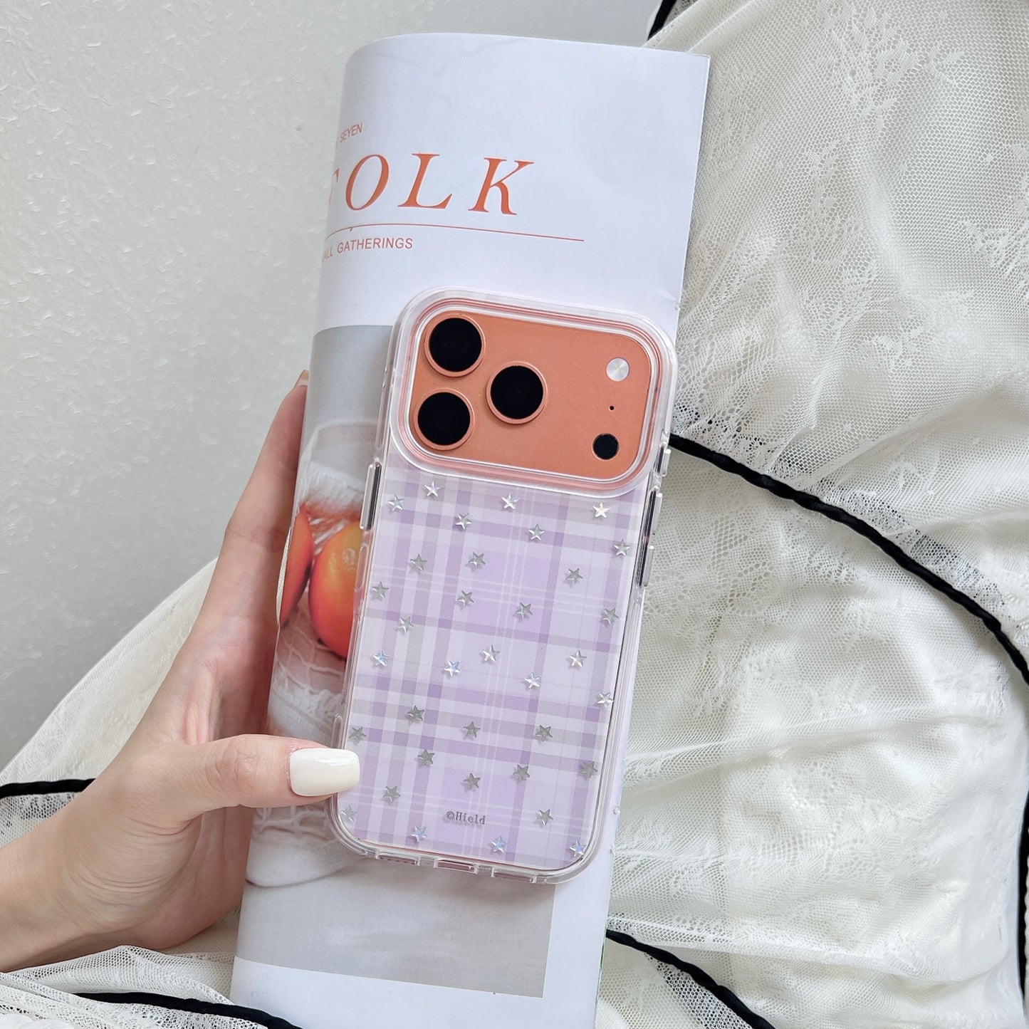 Purple Plaid Star iPhone Case with Pearl Chain